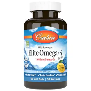 Carlson Labs Elite Omega-3 Gems 1600mg Omega-3s Natural Lemon Flavor 60 Softgels